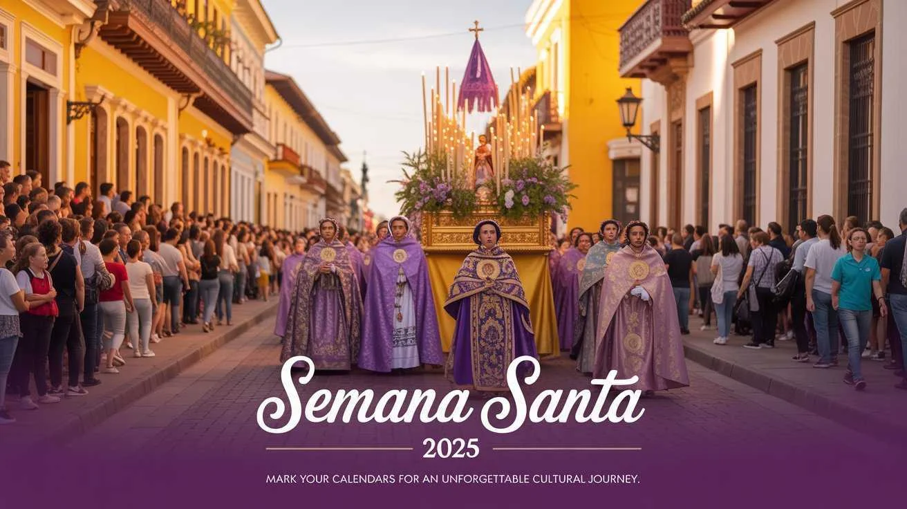 Vibrant Semana Santa travel poster showcasing colourful street celebrations