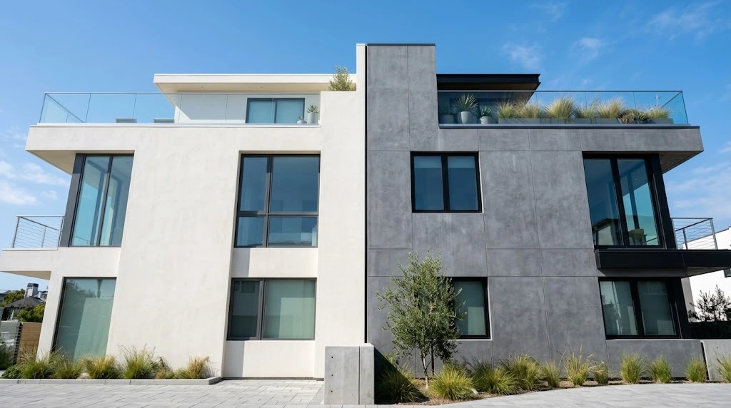 Modern two-tone modern building structure illustrating abut meaning where two walls touch each other directly