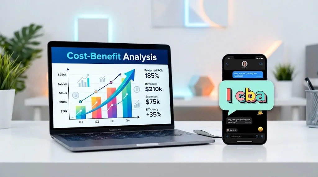 cba meaning in text explained with laptop showing cost-benefit analysis and phone with I cba slang