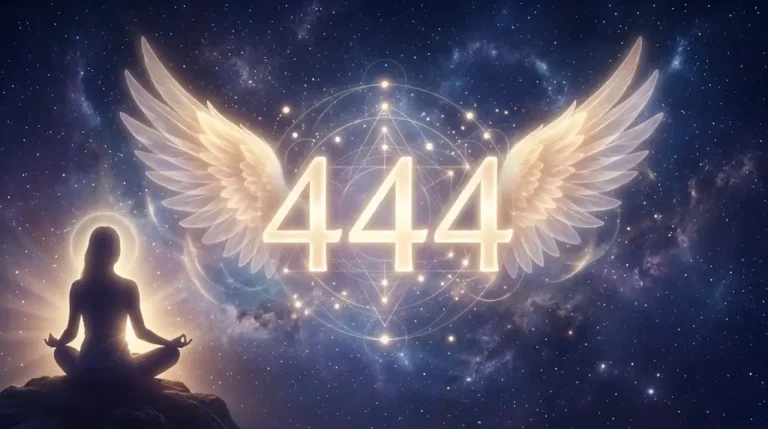 Glowing 444 angel number with angel wings in a mystical cosmic sky illustrating the 444 angel number meaning