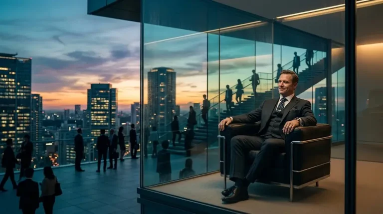 Complacent meaning visual illustration showing a relaxed businessman inside a glass box unaware of closing walls at sunset.