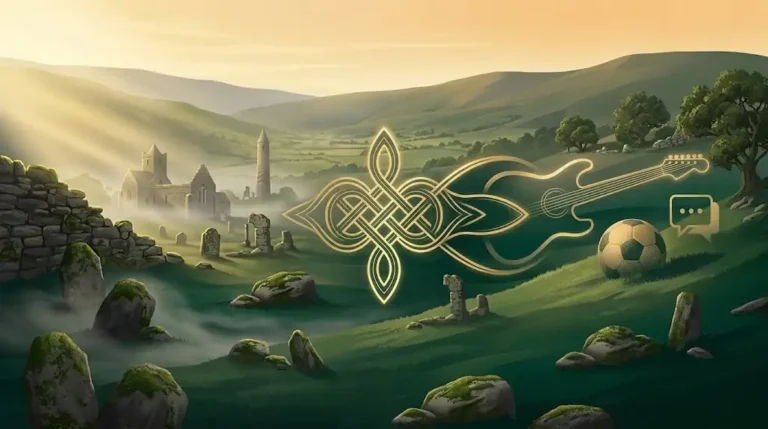 Declan meaning banner showing ancient Irish monastery ruins, glowing Celtic knot, and modern pop culture icons.