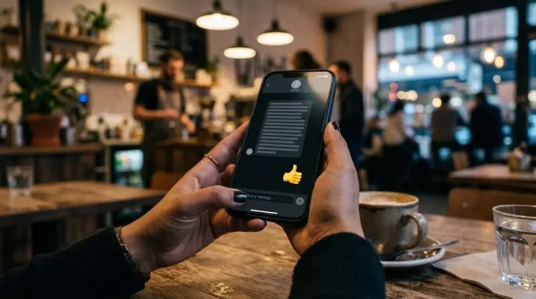 A smartphone displaying an awkward thumbs-up text reply to explain the ick meaning in modern dating while sitting in a coffee shop.