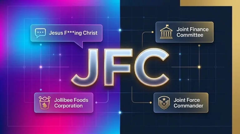 Digital illustration explaining the JFC meaning with holographic UI cards for slang, Jollibee, Joint Finance Committee, and Joint Force Commander.
