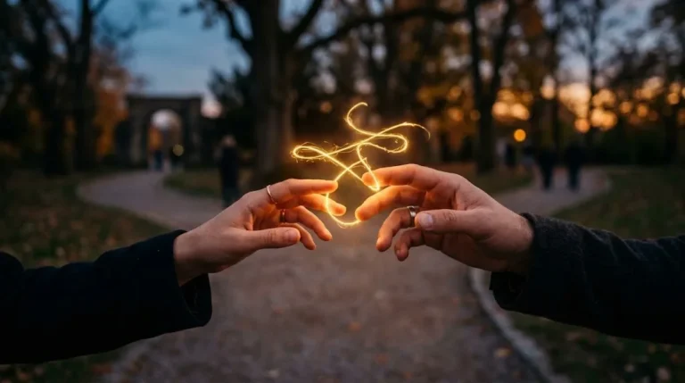 Two hands reaching toward each other with a glowing golden thread of light, symbolizing the kismet meaning of destiny.