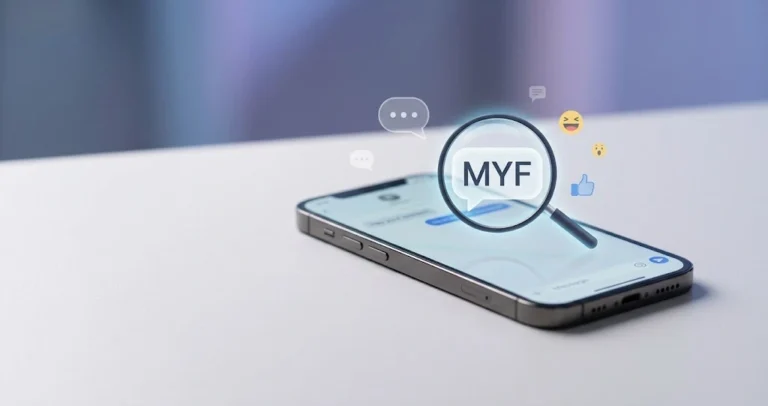 MYF meaning in text guide featuring a smartphone on a desk with chat bubbles and magnifying glass