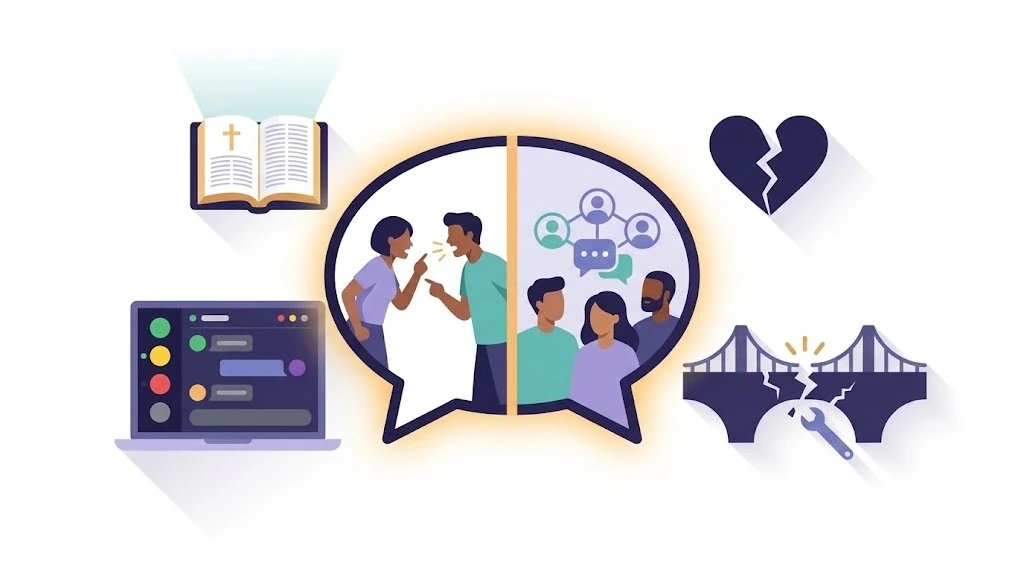 Infographic illustration explaining the discord meaning through conflict, community, bible light, chat app, broken heart, and a repaired bridge.