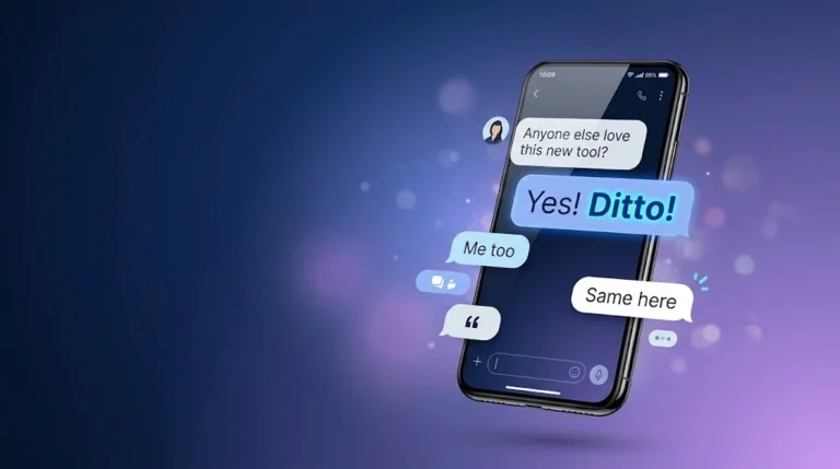Sleek horizontal banner illustrating ditto meaning in text messages with a glowing smartphone and chat bubbles.
