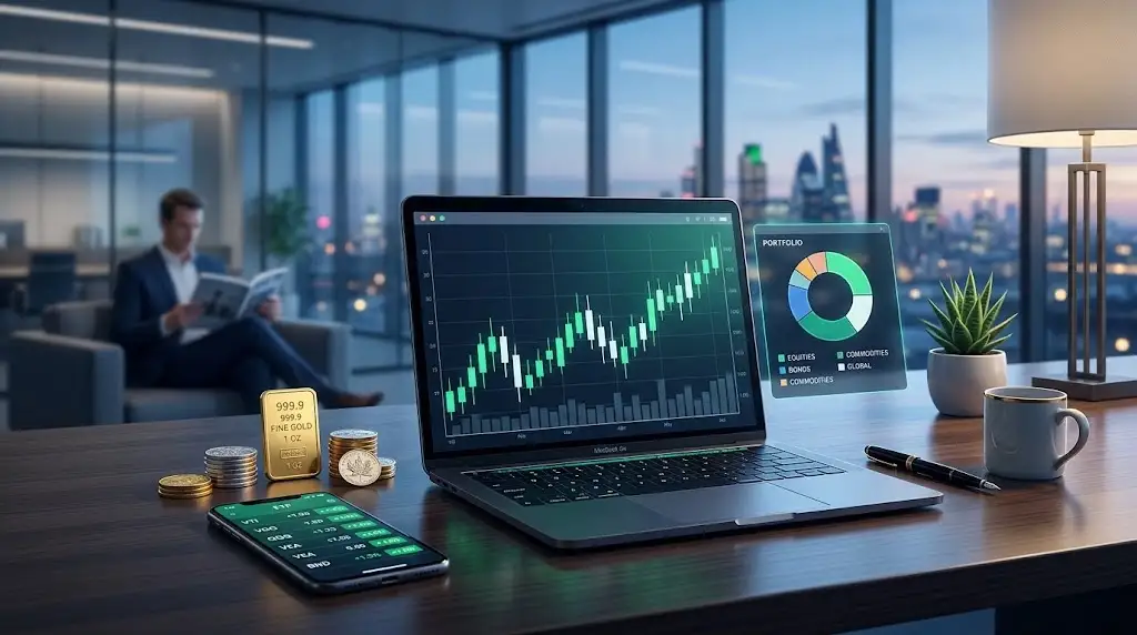 Illustration explaining ETF meaning with laptop stock chart and portfolio graph