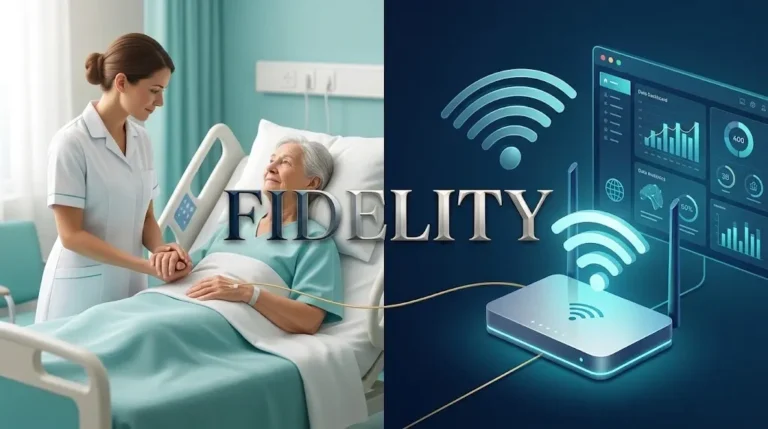 A conceptual illustration explaining fidelity meaning through nursing care on the left and digital technology network on the right.