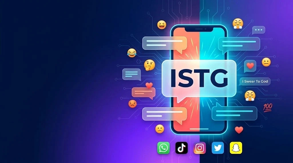 A feature banner graphic explaining the istg meaning in digital communication, featuring a smartphone screen with chat bubbles and social media icons.